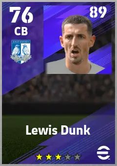 Lewis Dunk eFootball 2026 player card — 76 OVR CB