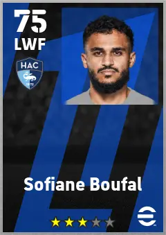 Sofiane Boufal eFootball 2026 player card — 75 OVR LWF