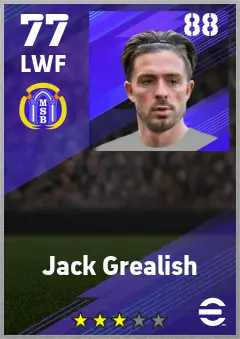 Jack Grealish eFootball 2026 player card — 77 OVR LWF