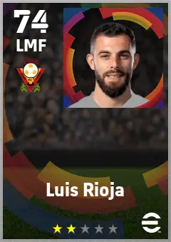 Luis Rioja eFootball 2026 player card — 74 OVR LMF