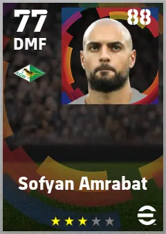 Sofyan Amrabat eFootball 2026 player card — 77 OVR DMF