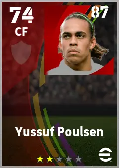Yussuf Poulsen eFootball 2026 player card — 74 OVR CF