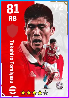 Takehiro Tomiyasu eFootball 2026 player card — 81 OVR RB