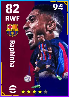 Raphinha eFootball 2026 player card — 82 OVR RWF