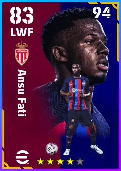Ansu Fati eFootball 2026 player card — 83 OVR LWF
