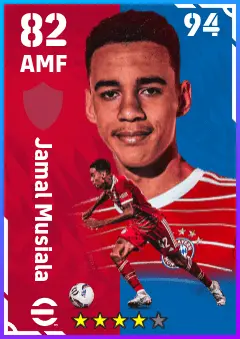 Jamal Musiala eFootball 2026 player card — 82 OVR AMF