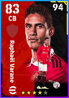 Raphael Varane eFootball 2026 player card — 83 OVR CB