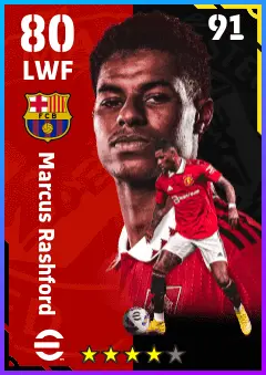 Marcus Rashford eFootball 2026 player card — 80 OVR LWF