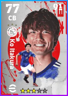 Ko Itakura eFootball 2026 player card — 77 OVR CB