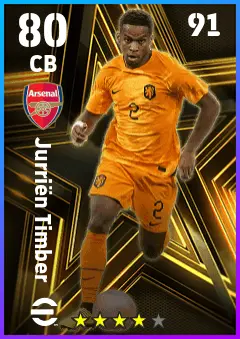 Jurrien Timber eFootball 2026 player card — 80 OVR CB