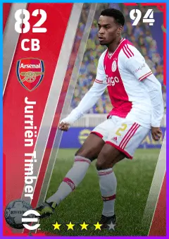 Jurrien Timber eFootball 2026 player card — 82 OVR CB