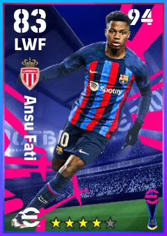 Ansu Fati eFootball 2026 player card — 83 OVR LWF