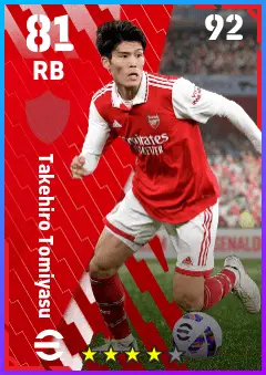 Takehiro Tomiyasu eFootball 2026 player card — 81 OVR RB
