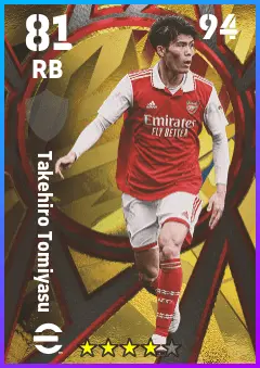 Takehiro Tomiyasu eFootball 2026 player card — 81 OVR RB