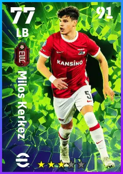 Milos Kerkez eFootball 2026 player card — 77 OVR LB