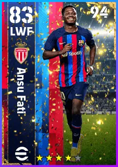 Ansu Fati eFootball 2026 player card — 83 OVR LWF