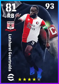 Lutsharel Geertruida eFootball 2026 player card — 81 OVR RB