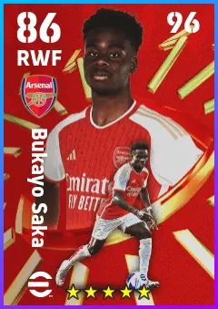 Bukayo Saka eFootball 2026 player card — 86 OVR RWF