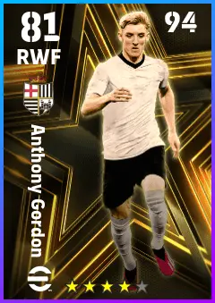 Anthony Gordon eFootball 2026 player card — 81 OVR RWF