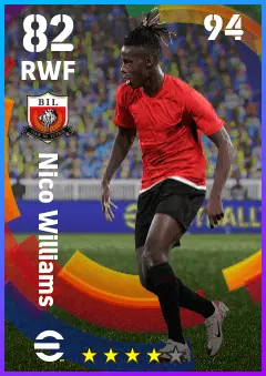 Nico Williams eFootball 2026 player card — 82 OVR RWF