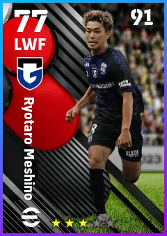 Ryotaro Meshino eFootball 2026 player card — 77 OVR LWF
