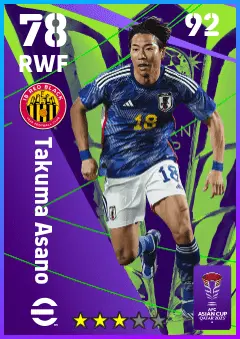 Takuma Asano eFootball 2026 player card — 78 OVR RWF