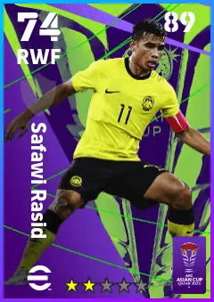 Safawi Rasid eFootball 2026 player card — 74 OVR RWF