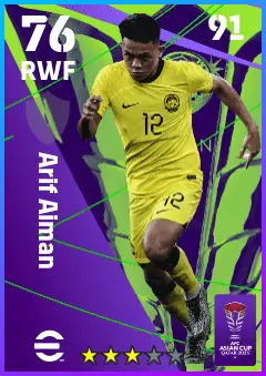 Arif Aiman eFootball 2026 player card — 76 OVR RWF