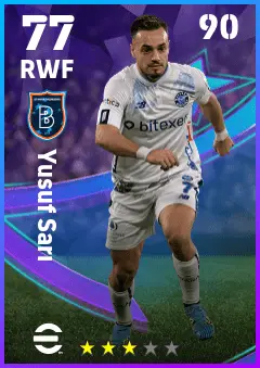 Yusuf Sari eFootball 2026 player card — 77 OVR RWF
