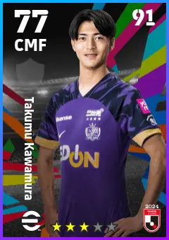 Takumu Kawamura eFootball 2026 player card — 77 OVR CMF