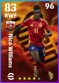 Nico Williams eFootball 2026 player card — 83 OVR RWF
