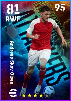 Andreas Skov Olsen eFootball 2026 player card — 81 OVR RWF