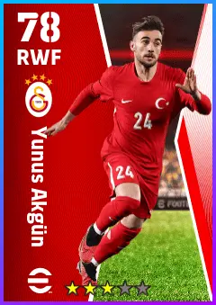 Yunus Akgun eFootball 2026 player card — 78 OVR RWF