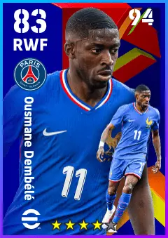 Ousmane Dembele eFootball 2026 player card — 83 OVR RWF