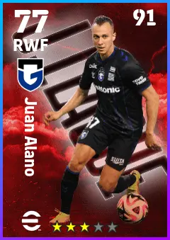 Juan Alano eFootball 2026 player card — 77 OVR RWF