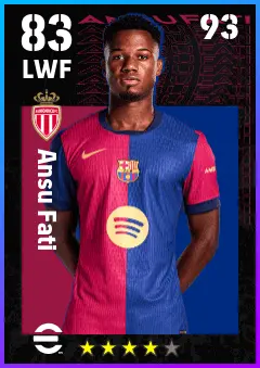 Ansu Fati eFootball 2026 player card — 83 OVR LWF