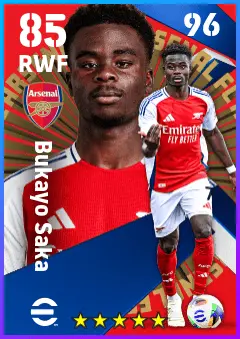 Bukayo Saka eFootball 2026 player card — 85 OVR RWF