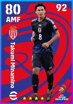 Takumi Minamino eFootball 2026 player card — 80 OVR AMF