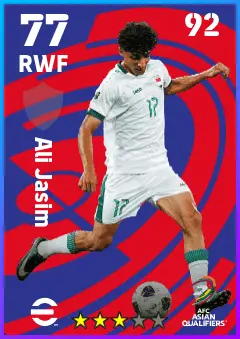 Ali Jasim eFootball 2026 player card — 77 OVR RWF