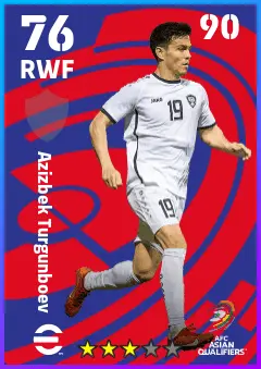 Azizbek Turgunboev eFootball 2026 player card — 76 OVR RWF