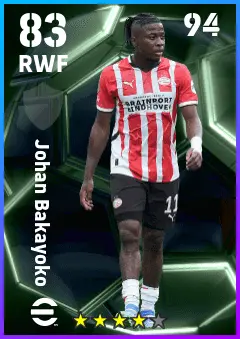 Johan Bakayoko eFootball 2026 player card — 83 OVR RWF
