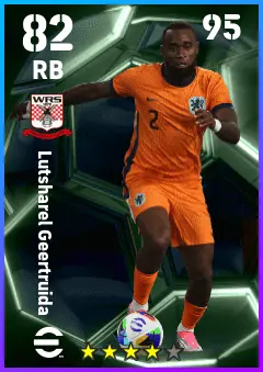 Lutsharel Geertruida eFootball 2026 player card — 82 OVR RB