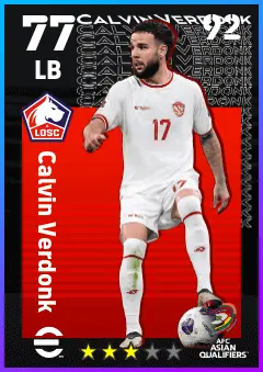 Calvin Verdonk eFootball 2026 player card — 77 OVR LB