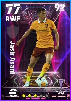 Jasir Asani eFootball 2026 player card — 77 OVR RWF