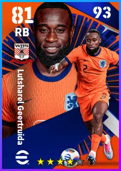 Lutsharel Geertruida eFootball 2026 player card — 81 OVR RB