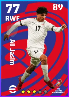 Ali Jasim eFootball 2026 player card — 77 OVR RWF