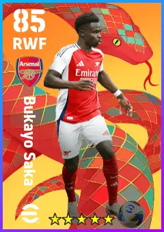 Bukayo Saka eFootball 2026 player card — 85 OVR RWF