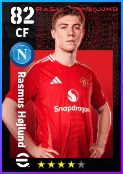 Rasmus Hojlund eFootball 2026 player card — 82 OVR CF