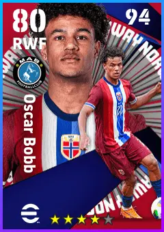 Oscar Bobb eFootball 2026 player card — 80 OVR RWF