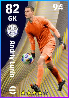 Andriy Lunin eFootball 2026 player card — 82 OVR GK